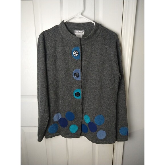 Northstyle Woman L Cardigan Grey Polka Dot Snap Front Sweater - Picture 1 of 10